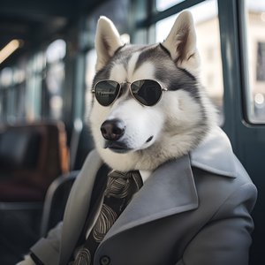 En Siberian Husky-hund i jakkesæt og solbriller på busstationen, som en gentleman 1