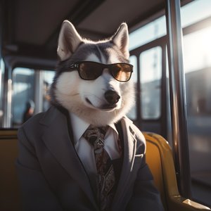 En Siberian Husky-hund i jakkesæt og solbriller på busstationen, som en gentleman 3