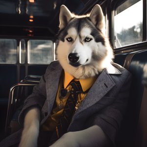 En Siberian Husky-hund i jakkesæt og solbriller på busstationen, som en gentleman 4