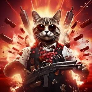 Filmplakat af en kat iført en sort og hvid prikket skjorte og skinnende solbriller med eksplosioner og kanoner i baggrunden 1