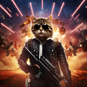 Filmplakat af en kat iført en sort og hvid prikket skjorte og skinnende solbriller med eksplosioner og kanoner i baggrunden 2