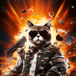 Filmplakat af en kat iført en sort og hvid prikket skjorte og skinnende solbriller med eksplosioner og kanoner i baggrunden 3