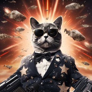 Filmplakat af en kat iført en sort og hvid prikket skjorte og skinnende solbriller med eksplosioner og kanoner i baggrunden 4