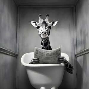 Glad giraf sidder på toilettet med avis 1