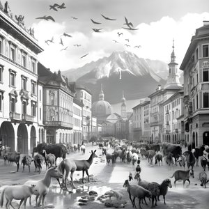 Innsbruck i et gammelt fotografi med elegante zebraer, måger, aber og lerfigurer. 2