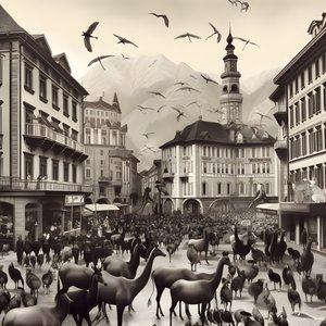 Innsbruck i et gammelt fotografi med elegante zebraer, måger, aber og lerfigurer. 4
