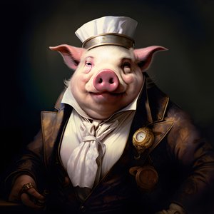 Kold og dominerende antropomorf svineplantageejer, gennemborende øjne, fed buttet krop, cigar i hånden, udsøgt smart sydlandsk hvidt jakkesæt og vest, lommeur på en kæde, monokel, hvid filthat, nærbillede