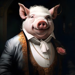 Kold og dominerende antropomorf svineplantageejer, gennemborende øjne, fed buttet krop, cigar i hånden, udsøgt smart sydlandsk hvidt jakkesæt og vest, lommeur på en kæde, monokel, hvid filthat, nærbillede