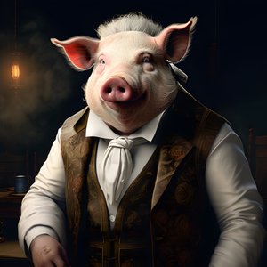 Kold og dominerende antropomorf svineplantageejer, gennemborende øjne, fed buttet krop, cigar i hånden, udsøgt smart sydlandsk hvidt jakkesæt og vest, lommeur på en kæde, monokel, hvid filthat, nærbillede