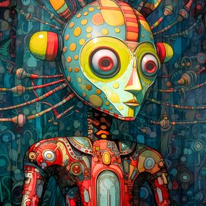Carnival Cajun Swamp Mutant Sci-Fi Droid, i den kunstneriske stil af Tim Burton og Beksinski 2