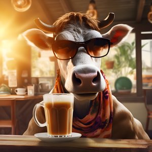 Ko med solbriller og ser på kold kaffe 4