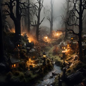 Miniature tilt-shift Halloween-skov med tågede træer og en uhyggelig atmosfære 2