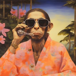 Nærbillede af en cool abe i en japansk kimono, med solbriller, i et tropisk landskab 3