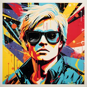Pop Art-portræt, halvkrop, Farverig, grafisk, Morgen, i stil med Andy Warhol, Roy Lichtenstein, Robert Rauschenberg, Jasper Johns, Keith Haring 1