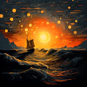 Solnedgang, orange-gul sol, skyer, fem roterende cirkler af skyer på en stor himmel, præcise bølger og orange-gule solnedgangsskyer reflekteret på bølgerne, en båd går ud til havet 1