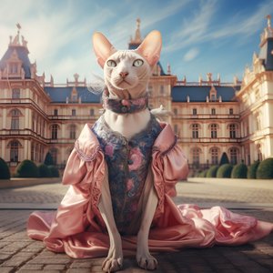 Sphynx kat i en balkjole på baggrund af et storslået palads i middelalderstil 1
