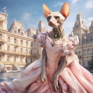 Sphynx kat i en balkjole på baggrund af et storslået palads i middelalderstil 2
