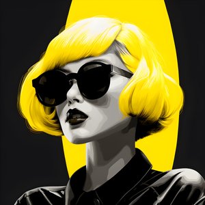 en illustration af en pige iført gule solbriller med hår i ansigtet og med ører, i stil med film noir æstetik 1