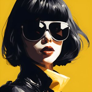 en illustration af en pige iført gule solbriller med hår i ansigtet og med ører i stil med film noir æstetik 3