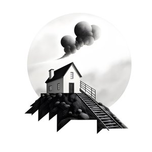 en illustration af et hus med solpaneler på, med en stor pil bagved, der peger til højre og opad 2