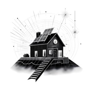 en illustration af et hus med solpaneler på, med en stor pil bagved, der peger til højre og opad 3