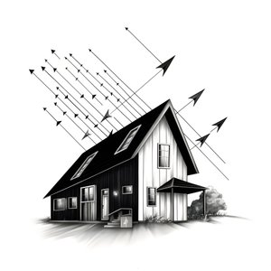 en illustration af et hus med solpaneler på, med en stor pil bagved, der peger til højre og opad 4