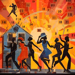 farverige mennesker, der danser i et solbelyst område, og danser med stjerner og sole 4