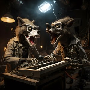 uhyggelig, behåret, ødelagt dyreanimatronik, der fremfører musik på en scene 1