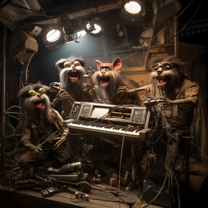 uhyggelig, behåret, knust dyreanimatronik, der fremfører musik på en scene 4