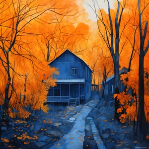 et blåt hus i en orange skov 2
