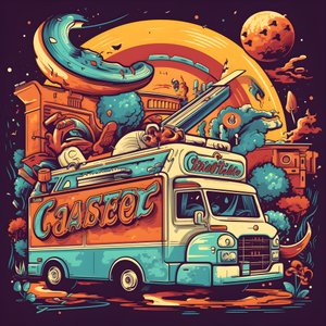 en kunstnerisk begivenhedsplakat for foodtrucks i en skatepark i det nordlige Californien 1