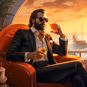 en rig mand, velklædt, sidder på et privat krydstogtskib og drikker en cocktail 4