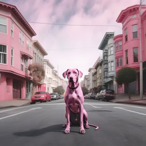 en lyserød hund midt i byen san francisco 1