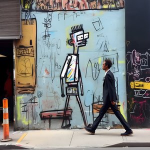 en malet figur kommer til live, da han går ned ad en gade i New York, surrealistisk foto 1