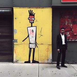 en malet figur kommer til live, da han går ned ad en gade i New York, surrealistisk foto 2