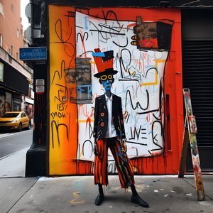 en malet figur kommer til live, da han går ned ad en gade i New York, surrealistisk foto 4