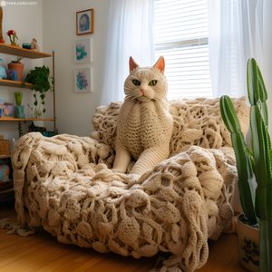 en kæmpe hæklet kat i en realistisk stue 3