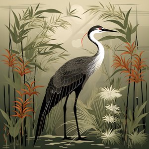 en smuk japansk illustration af en kran og bambus 3