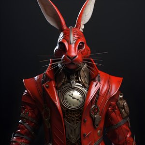 mandlig antropomorfisk kybernetisk ur punk android bunny, i rød frakke 1