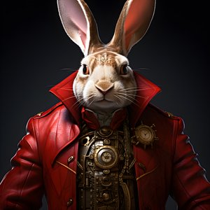 mandlig antropomorfisk kybernetisk ur punk android bunny, i rød frakke 4