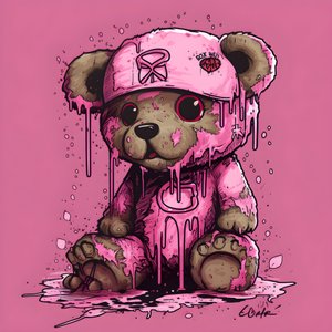 pink unisex bamse med en brun tatovering på panden 4