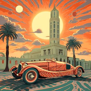 smukt, elegant, minimalistisk, quiltet mesterværk i den kunstneriske stil af Shepard Fairey::1 til minde om Monaco Grand Prix i 1940, historiske racerbiler, der konkurrerer mod hinanden. 2