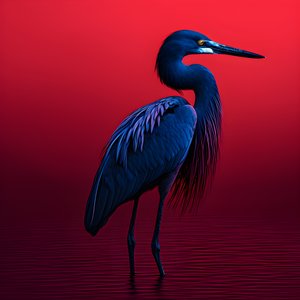 synthwave digital kunstværk af en eksotisk koboltblå hejren på rødt papir 3
