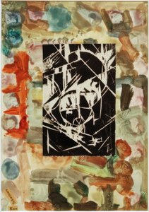 Uden titel (collage med træsnit på abstrakt maleri) af Kurt Schwitters