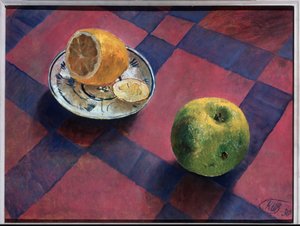 Æble og citron. (Æble og citron). Maleri af Kuzma Sergeevich Petrov Vodkin (Petrov-Vodkin) (Kouzma Petrov Vodkin) (Petrov-Vodkin) (1878-1939), olie på lærred af Kuzma Sergeevich Petrov Vodkin