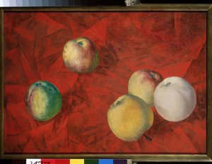 Æbler på rød baggrund. (Æbler på den røde baggrund). Maleri af Kuzma Sergeyevich Petrov Vodkin (Petrov-Vodkin) (Kouzma Petrov Vodkin) (Petrov-Vodkin) (1878-1939), olie på lærred af Kuzma Sergeevich Petrov Vodkin
