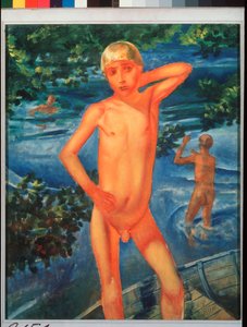 Drenge bader. Maleri af Kuzma Sergeevich Petrov Vodkin (Petrov-Vodkin) (Kouzma Petrov Vodkin) (Petrov-Vodkin) (1878-1939), olie på lærred af Kuzma Sergeevich Petrov Vodkin