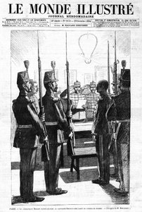 Kommandøren læste, for kaptajn Alfred Dreyfus, krigsrådets arrestation, Paris. Skitse af hr. de Moulignie. I "" Le Monde Illustré"" Ugeskrift nr. 1970 af 29. december 1894. af L. Moulignie