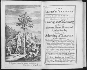 Frontispice til The Retird Gardener af George London og Henry Wise, indgraveret af Van der Gucht, 1706 (bw-foto) af L. Laguerre