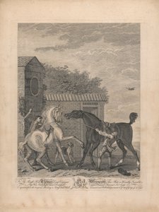 Et sæt på syv, uden titel, hver dedikeret: Til den rigtige ærede. Thomas Lord Viscount Weymouth ... fra det originale maleri i Long Leat Hall. [To heste står uroligt uden for en stald...]